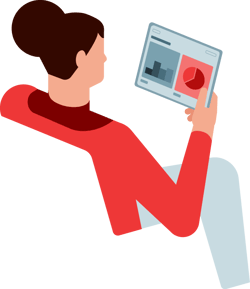 persona sentada, controlando datos y gráficos en su tablet