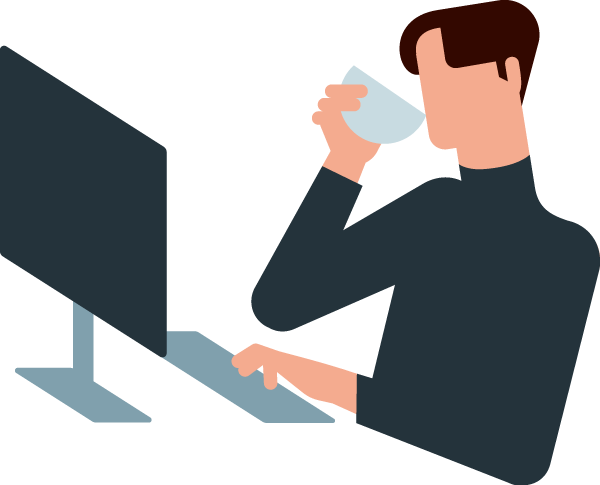 persona usando una computadora, mientras toma un cafe